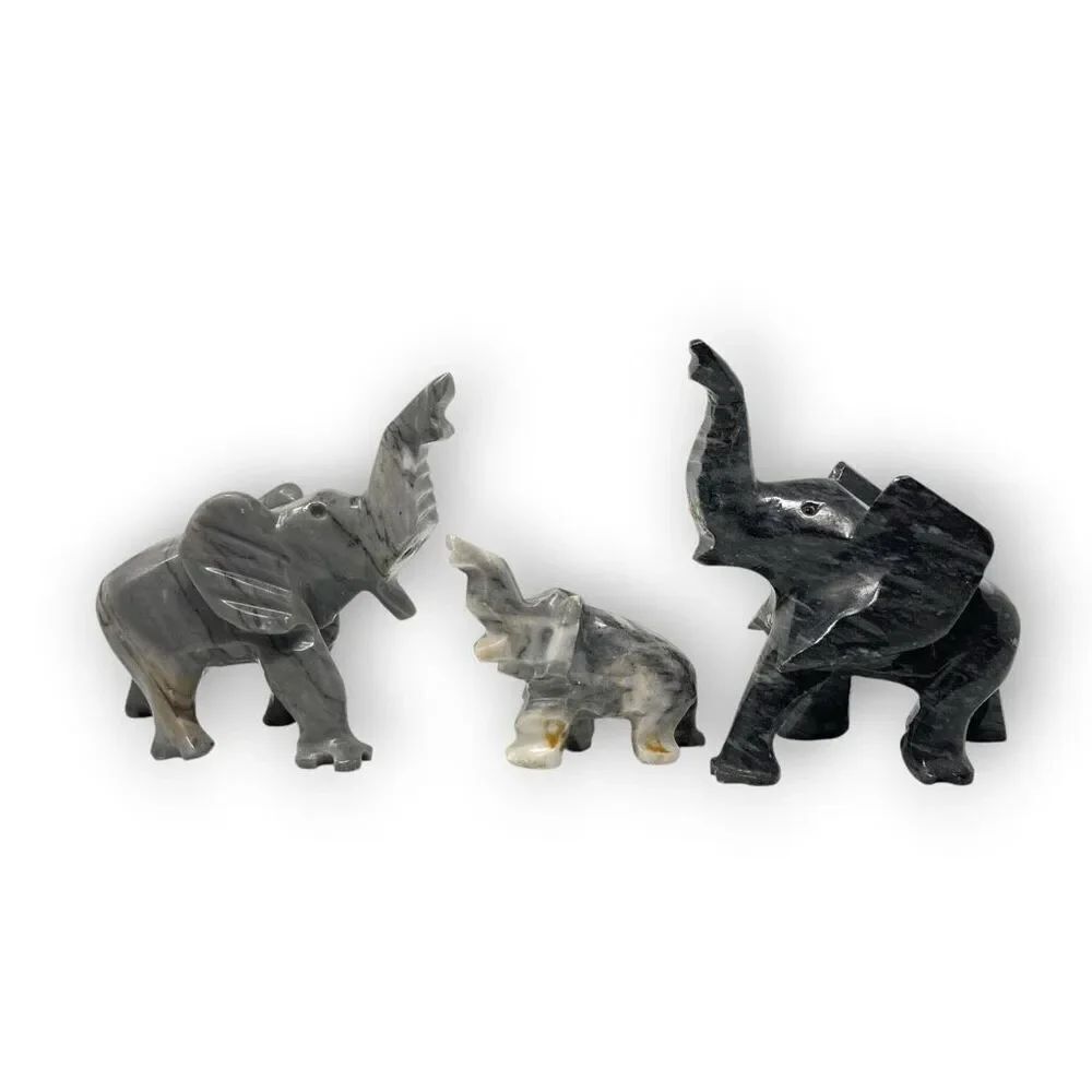 Lot of 3 Hand Carved Marble Stone Elephant Figurines Black Gray No Tusks Flawed